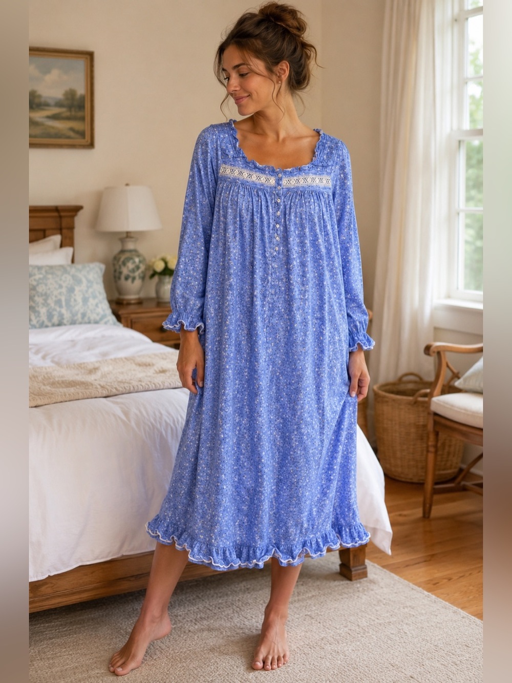 Eileen West Blue and White Pajama Dress size medium women’s EUC 100% cotton